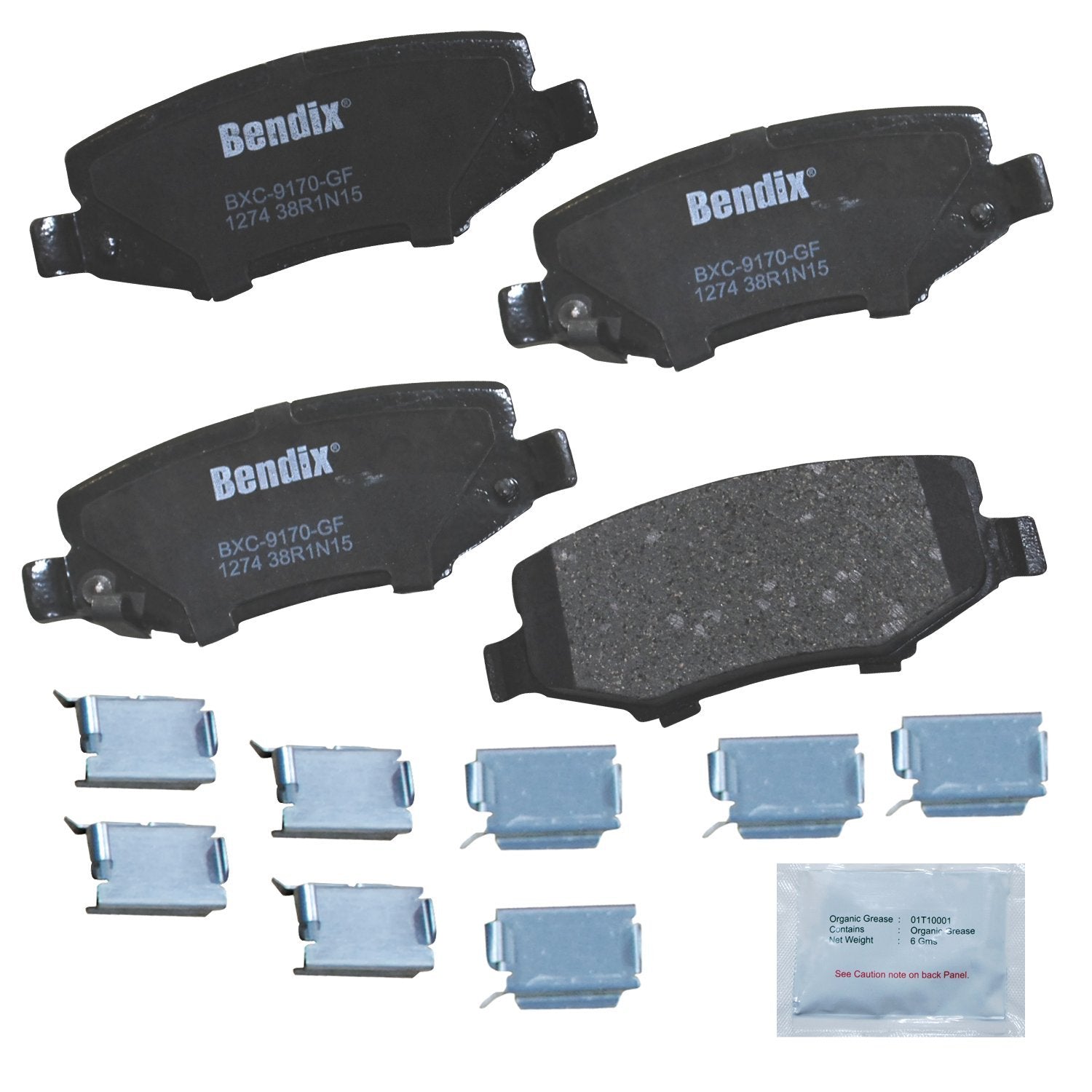 Bendix Priority1 ceramic rear brake pads with hardware for OE fit and quiet braking.