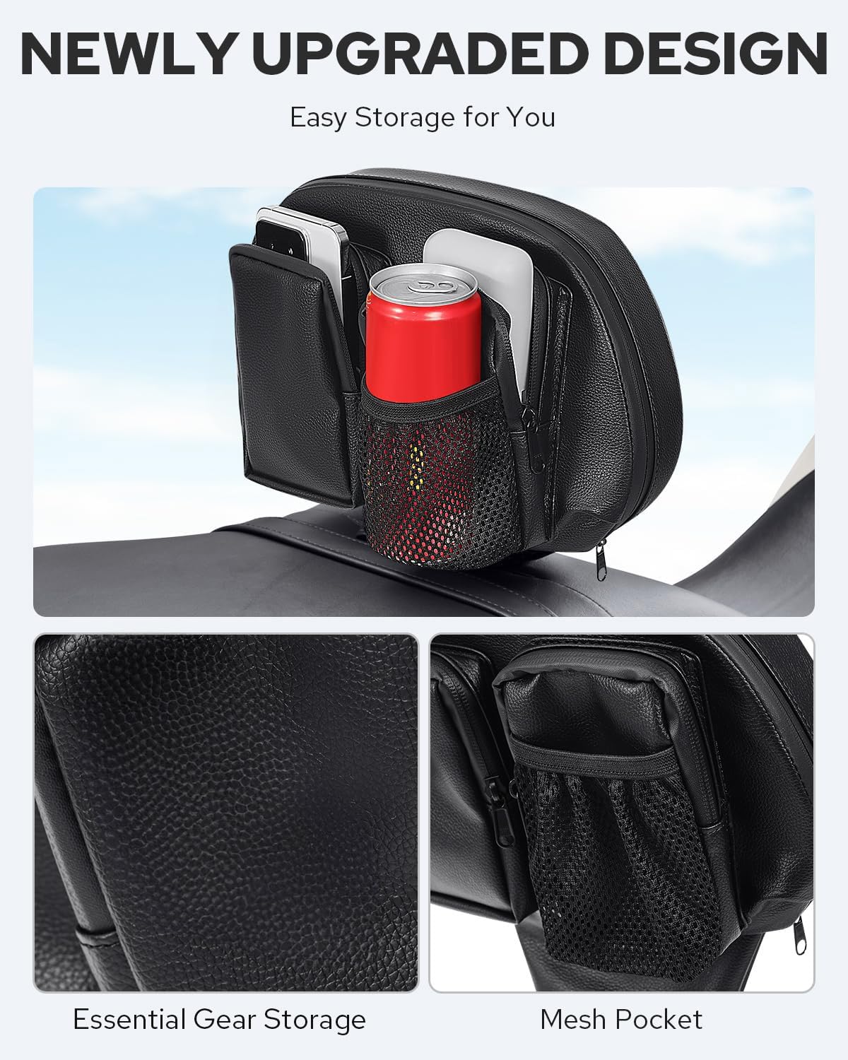 Benlari backrest includes storage bag for essentials