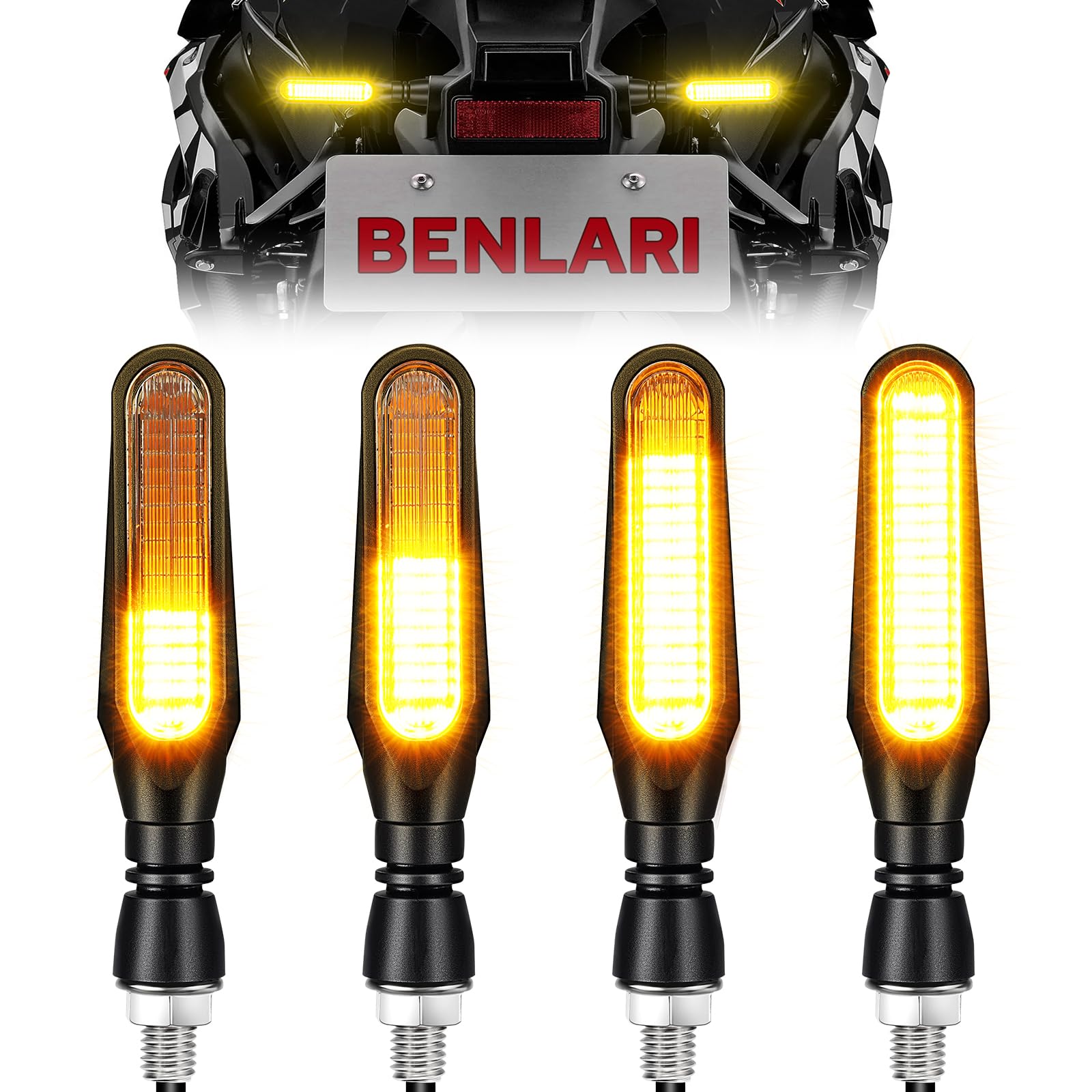 Benlari flowing LED turn signal front view with bright amber glow for improved night visibility