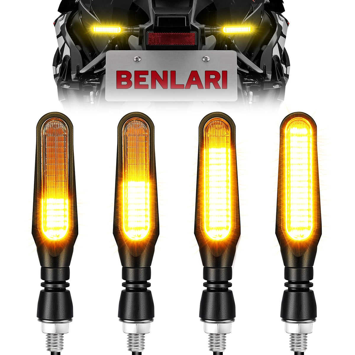 Benlari flowing LED turn signal front view with bright amber glow for improved night visibility