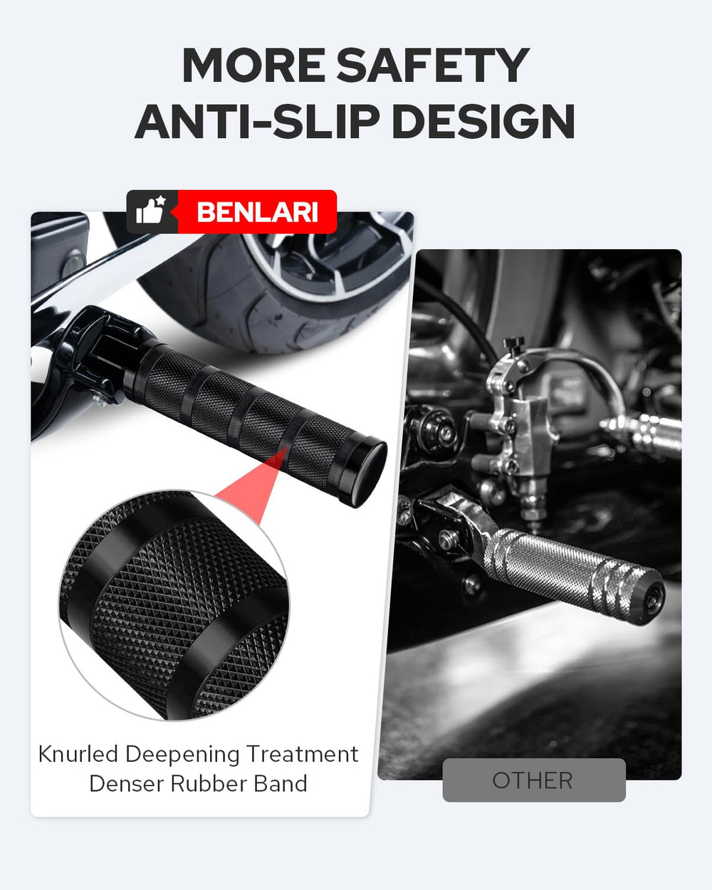 Benlari foot pegs designed for Harley Sportster compatibility and rider comfort