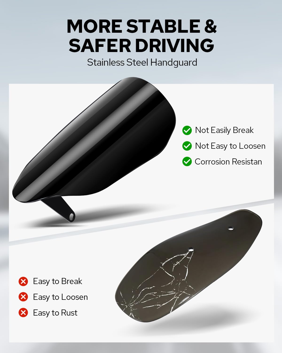 Gloss black finish blends with motorcycles while resisting rust and deformation.