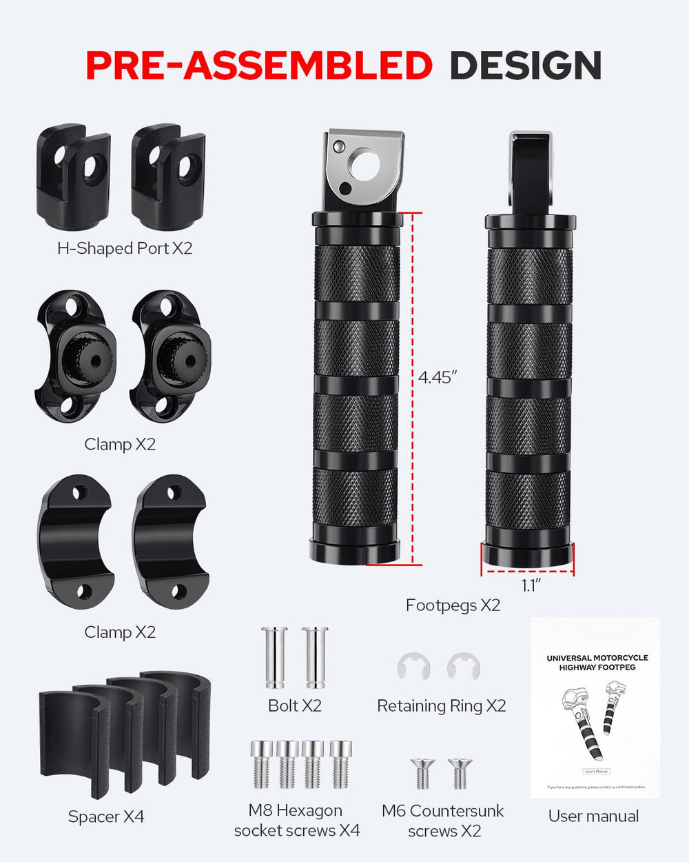 Package includes two pegs, clamps, ports, spacers, and manual