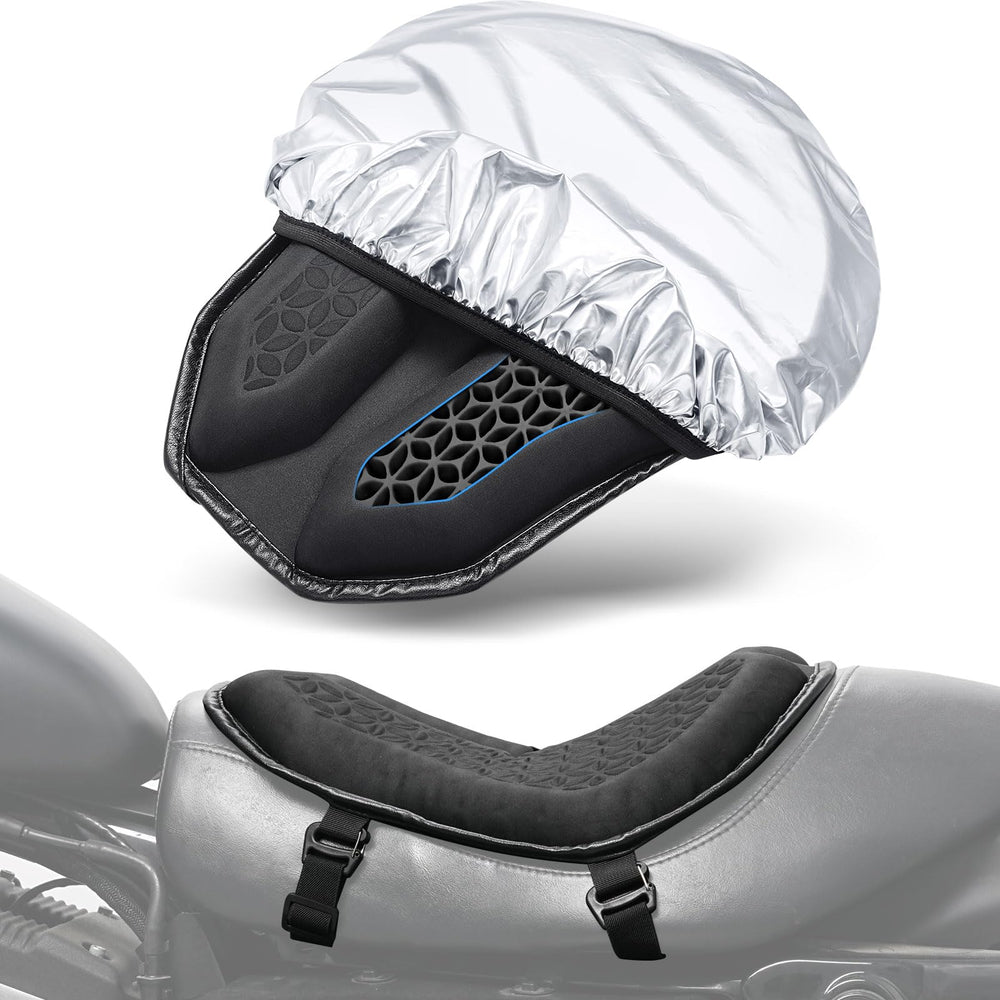 Benlari motorcycle seat cushion with sunshade cover shields heat and rain for longer rides.