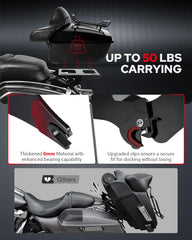 Benlari mount rack on Harley shows quick bolt-on installation for easy removal.