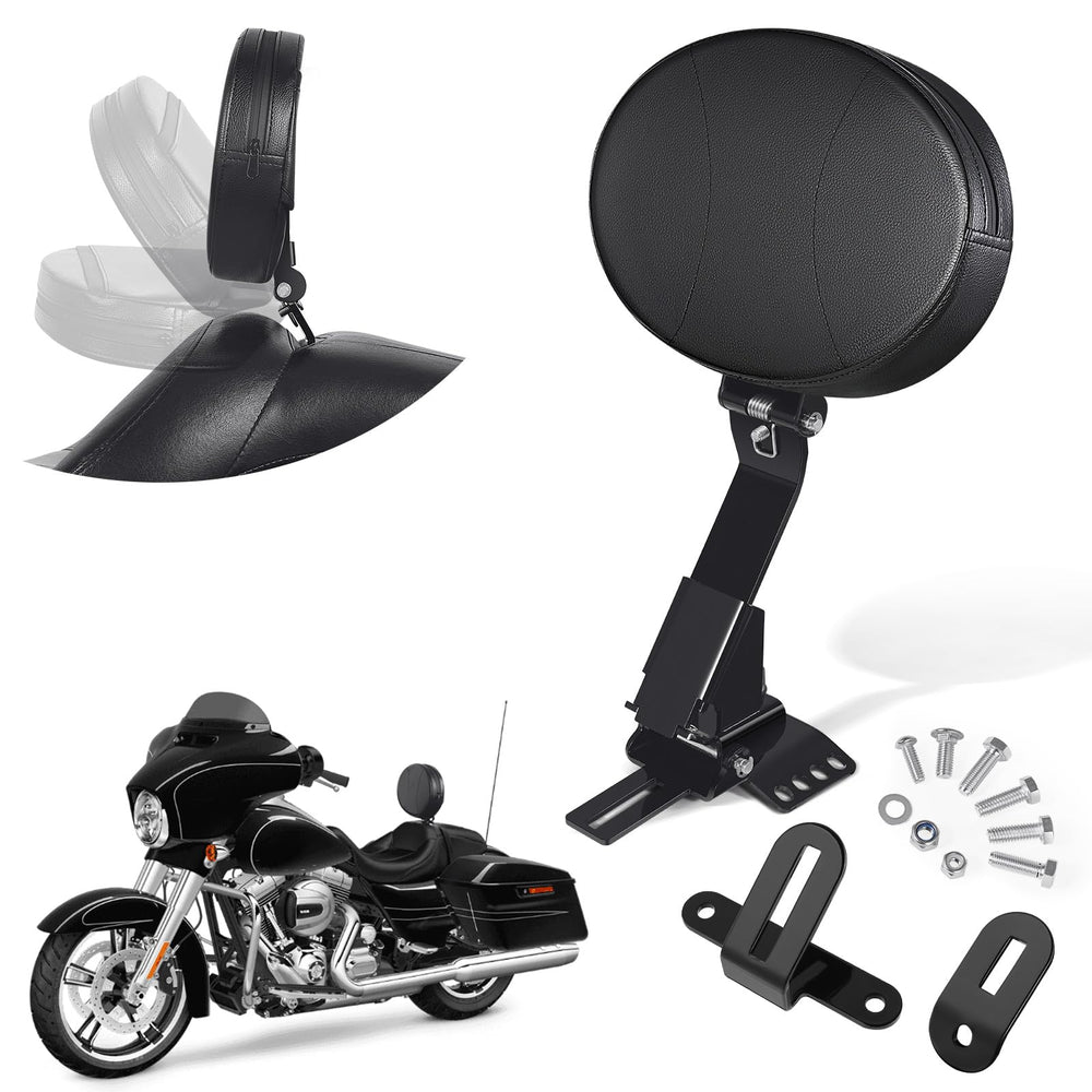 Benlari rider backrest mounted on Harley for enhanced back support on long rides