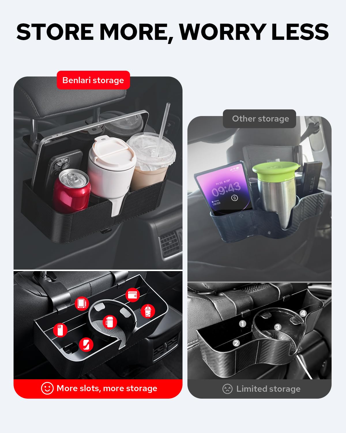 Benlari family-friendly seat back organizer keeping drinks and gadgets reachable