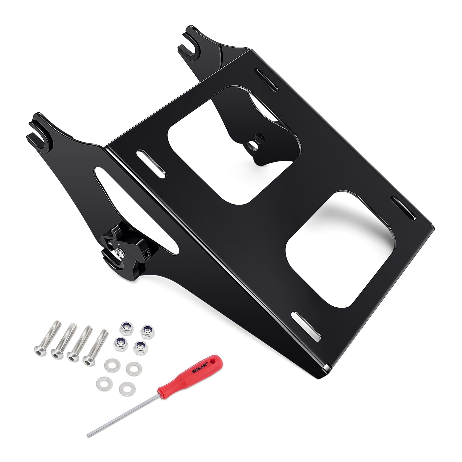 Benlari thicker tour pack mount rack side view with reinforced feet for secure support.