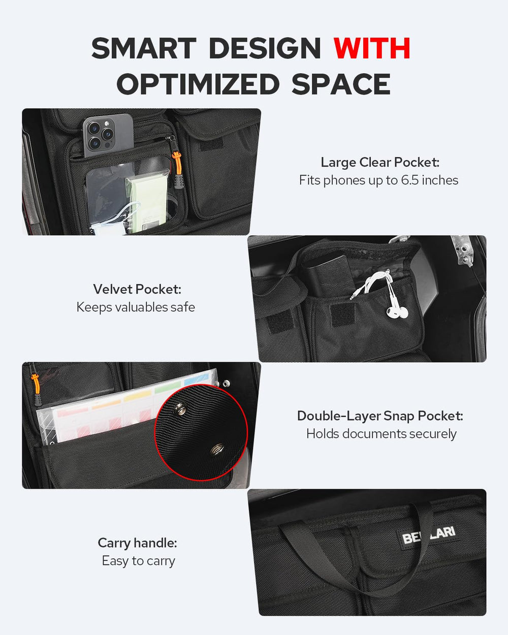Benlari organizer velvet lining pocket protects valuables during rides