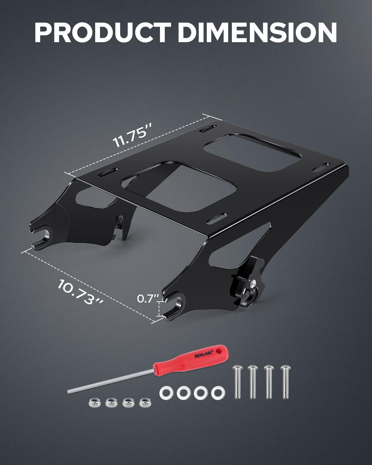 Benlari tour pack mount bracket detail shows rust-resistant steel for durable luggage support.
