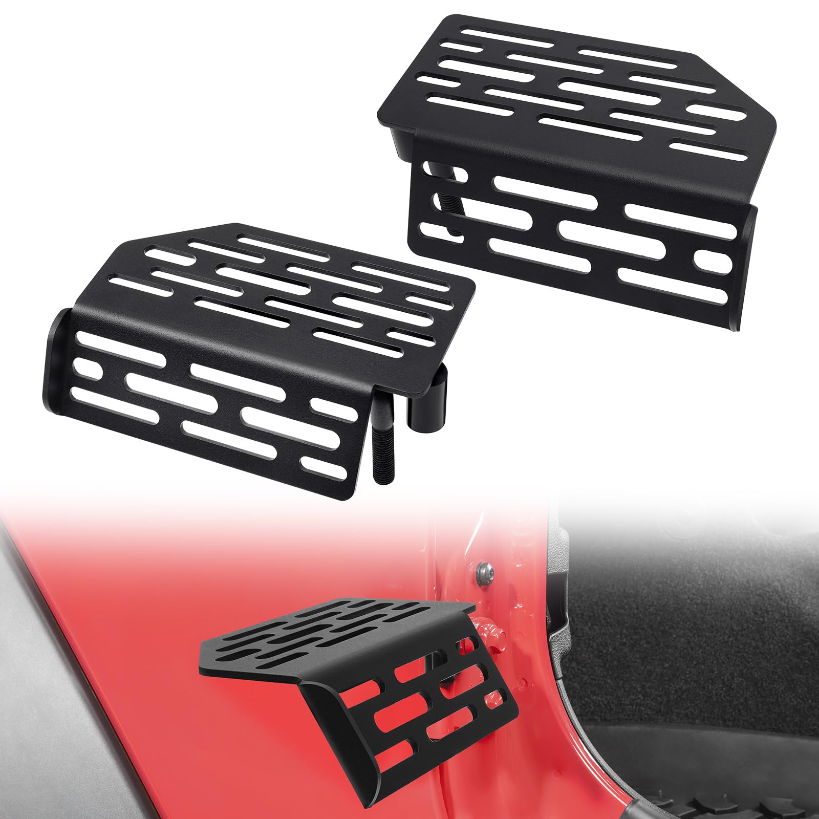 Benlari upgraded 120° foot pegs installed on a Wrangler for stable support.