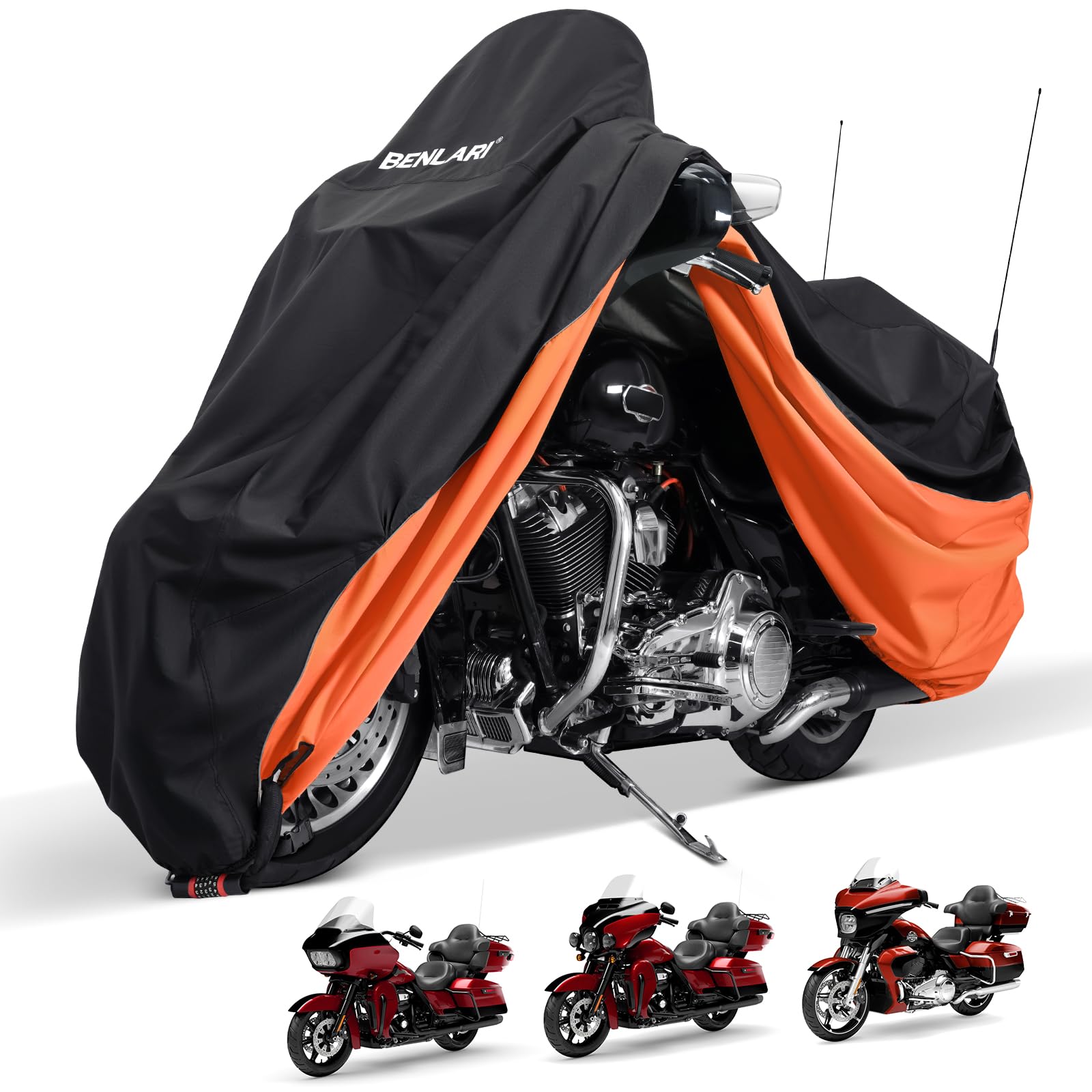 Benlari waterproof motorcycle cover front view shields from rain.