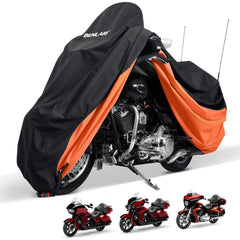 Benlari waterproof motorcycle cover front view shields from rain.