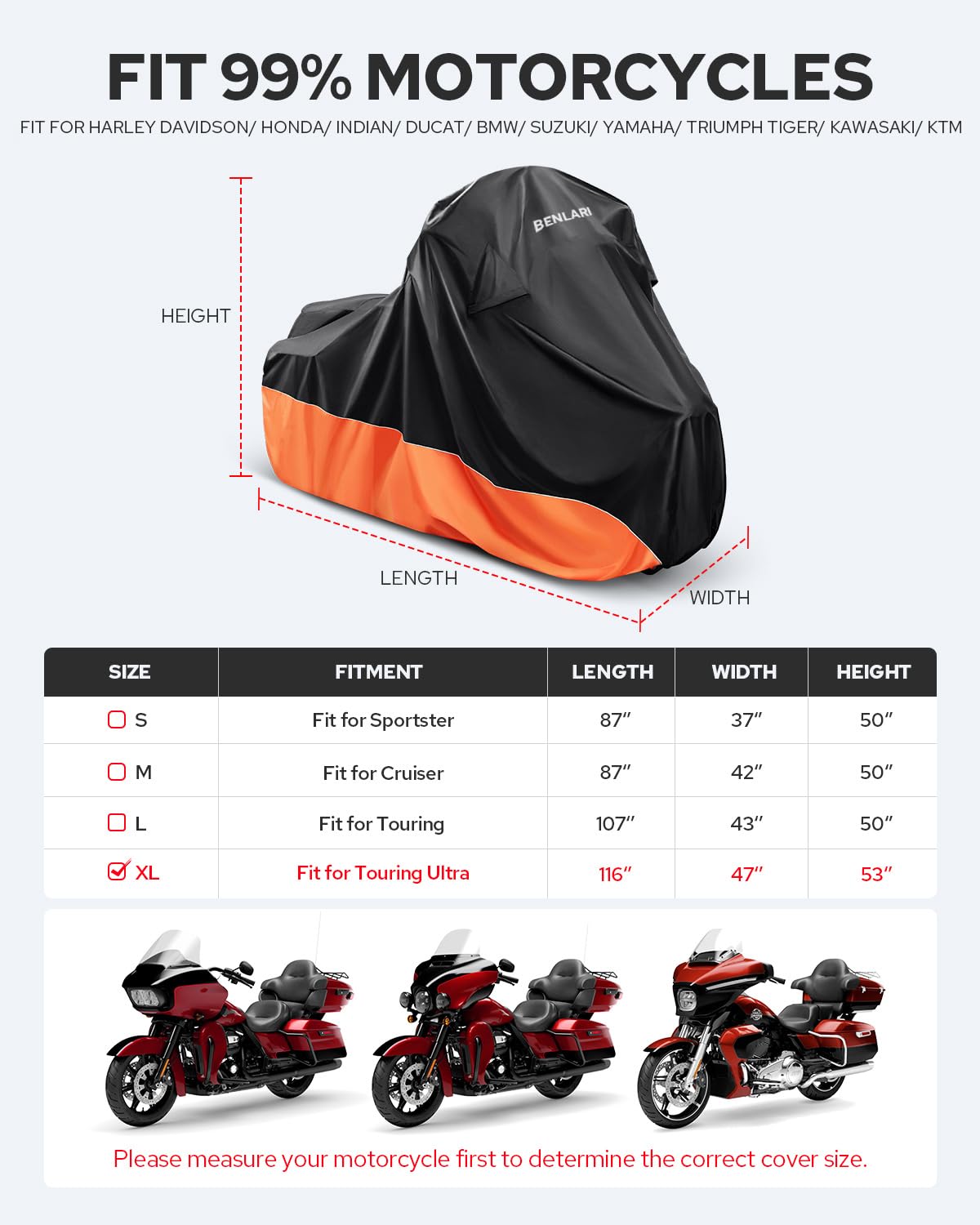 Benlari waterproof motorcycle cover reflective strips enhance nighttime visibility.