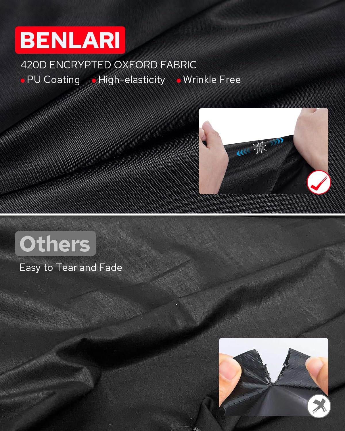 Benlari waterproof motorcycle cover side buckle-straps ensure a secure fit.