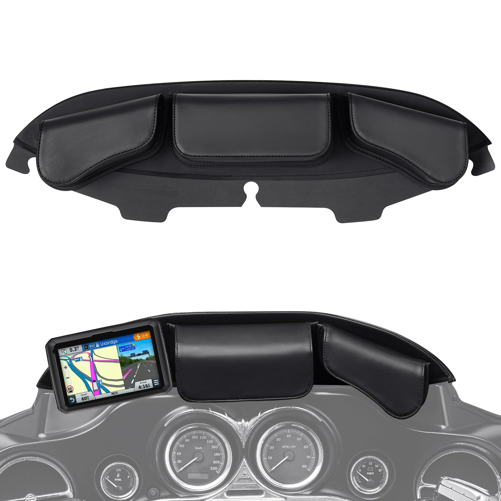 Benlari windshield bag left pocket secures essentials on Harley rides.