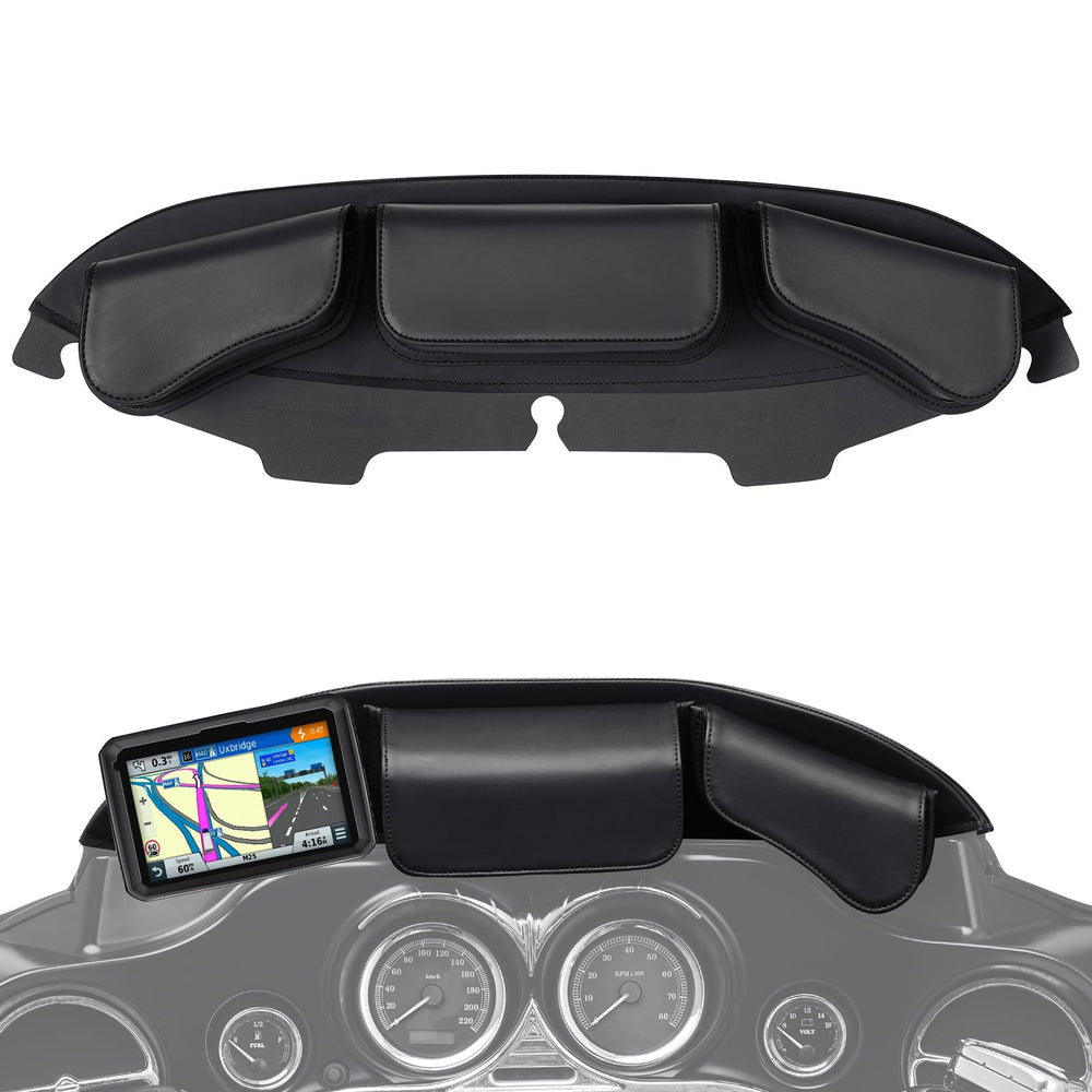 Benlari windshield bag left pocket secures essentials on Harley rides.