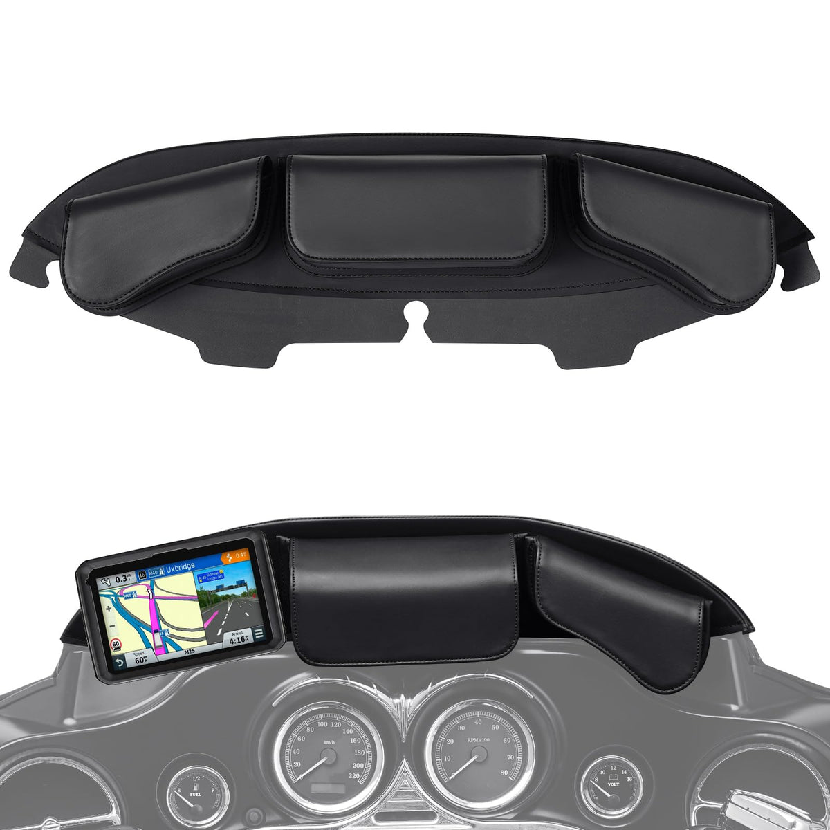Benlari windshield bag left pocket secures essentials on Harley rides.