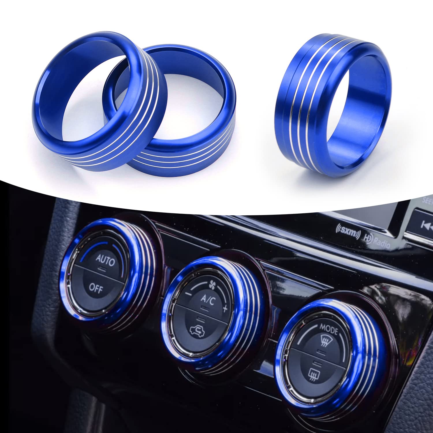 Bentolin blue aluminum knob covers for Subaru add protective style to the dash