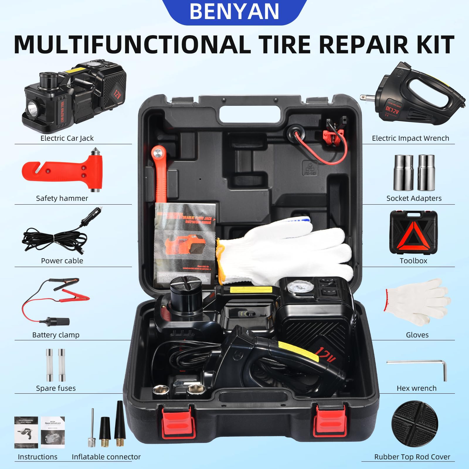 BENYAN jack with built-in inflator powering up a tire during maintenance.