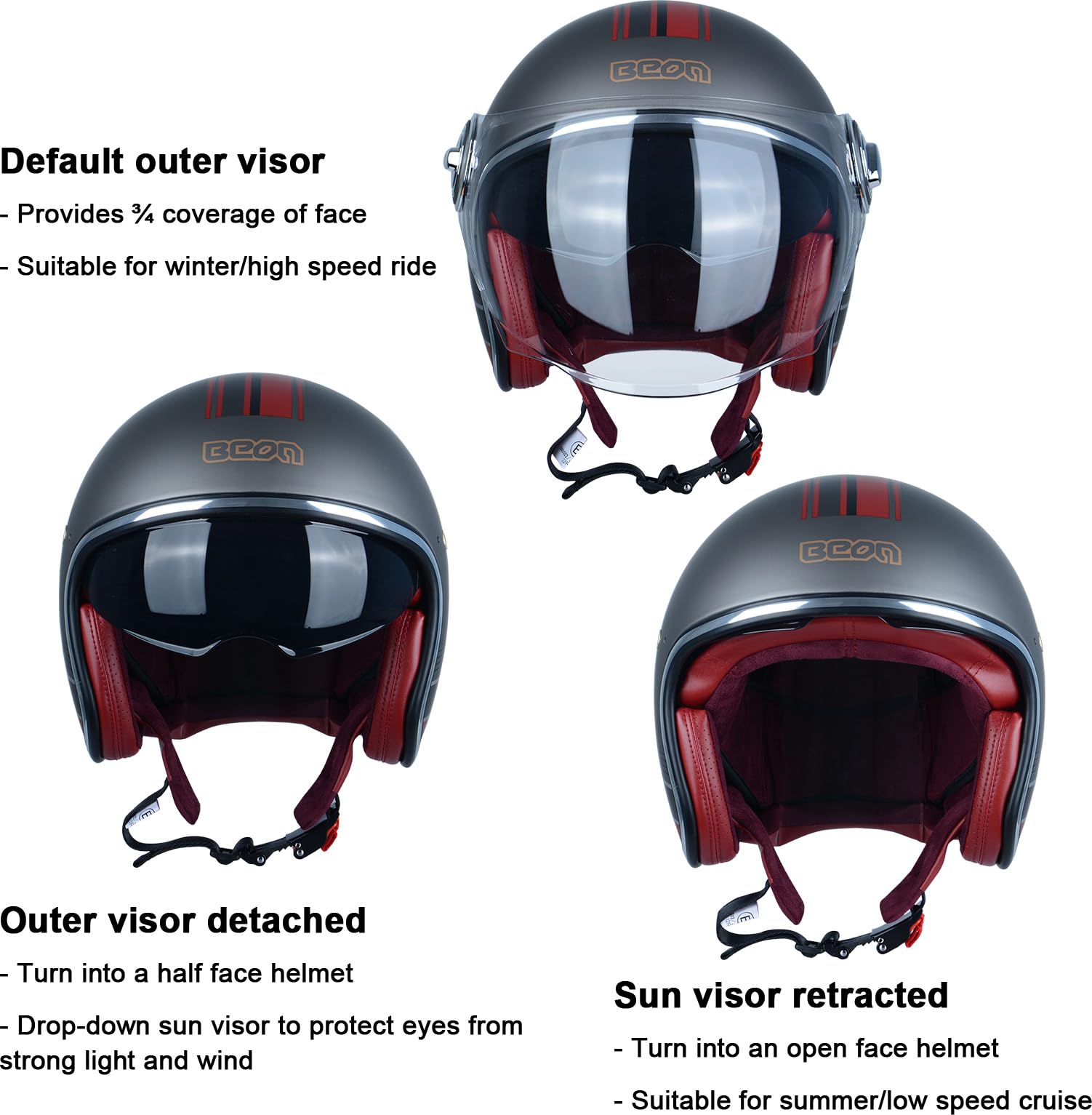 BEON open-face helmet inner sun visor deployed for glare control and UV protection.