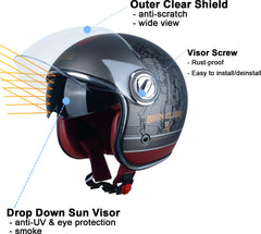 BEON open-face helmet side profile with dual visors for versatile protection.
