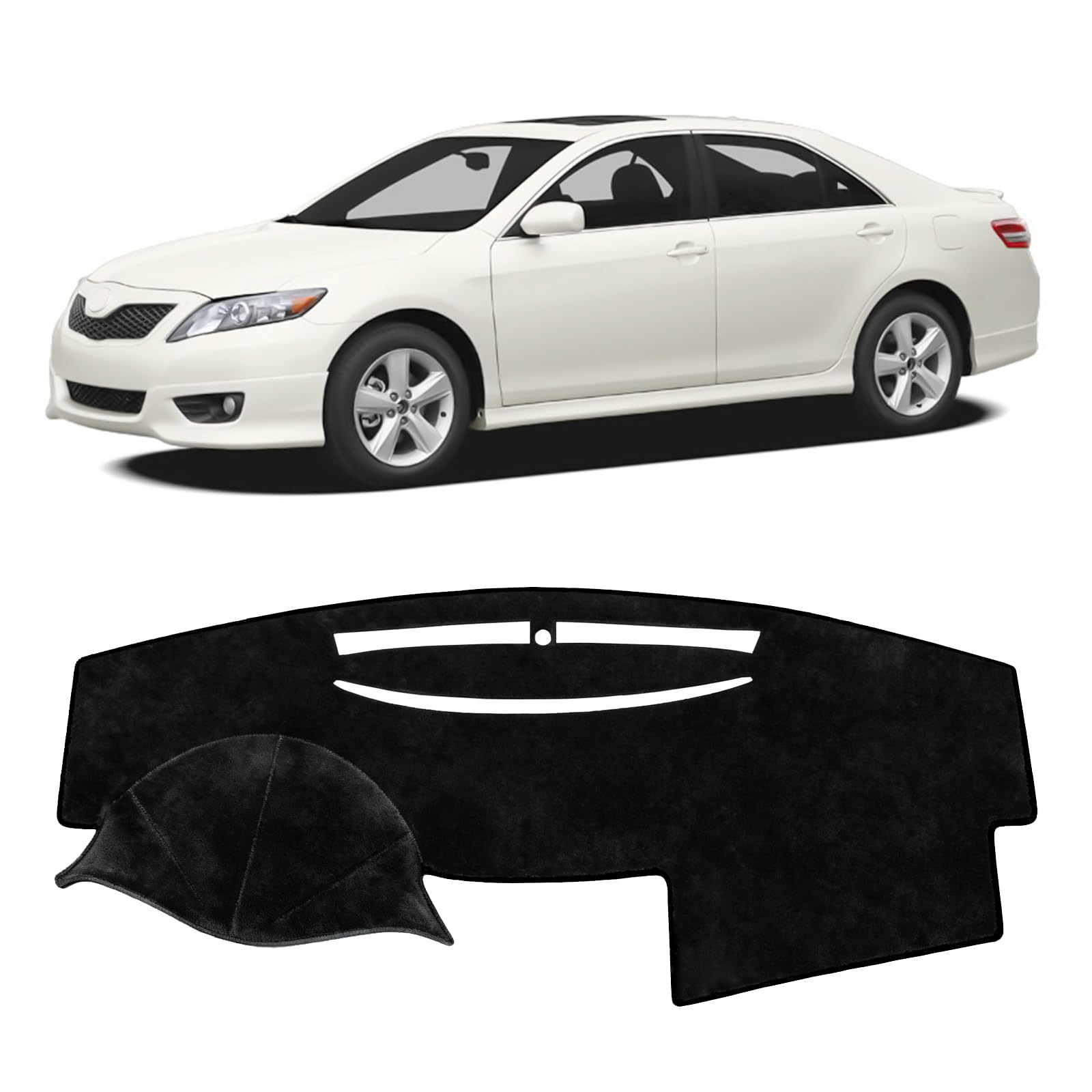 Bercicci dash cover shows dashboard fit for Camry with vent and sensor cutouts.