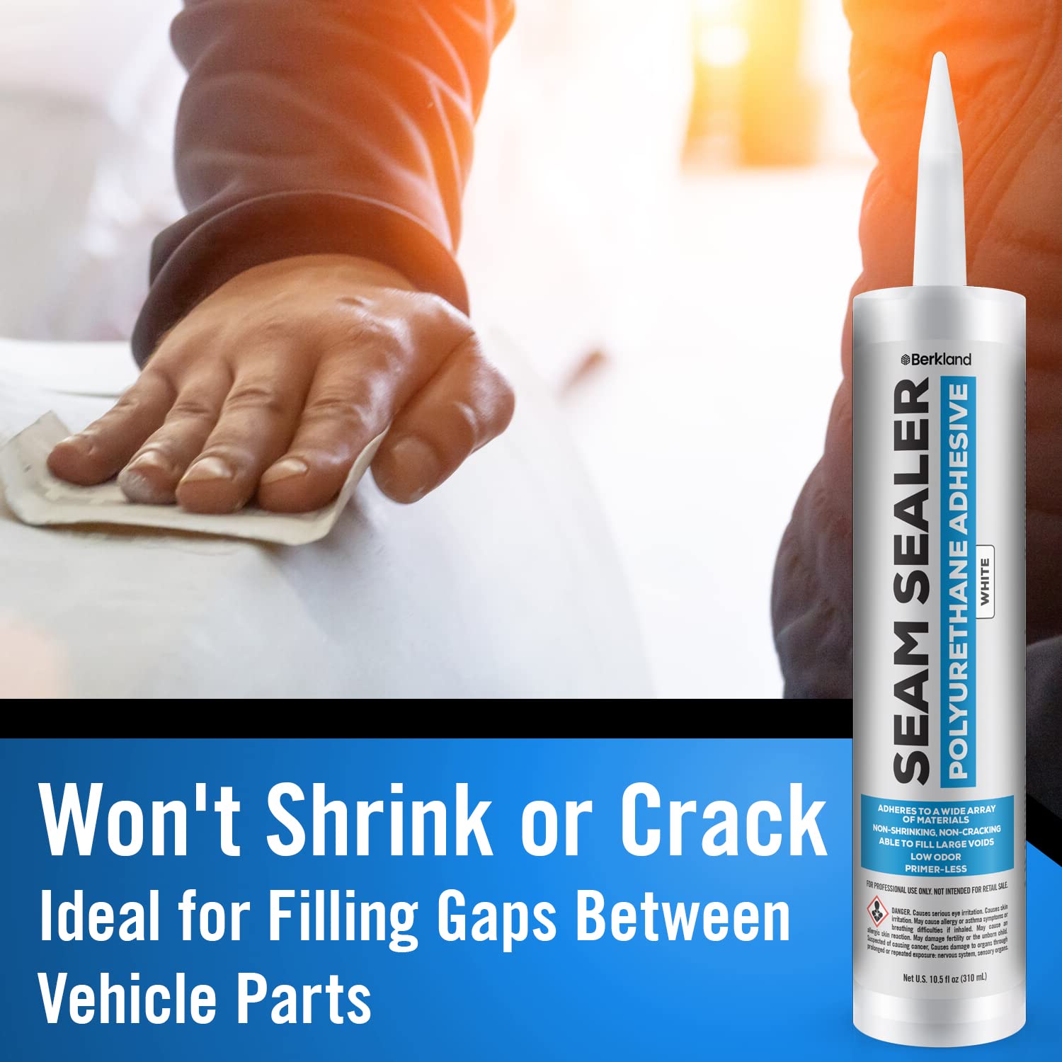 Berkland seam sealer on weld area provides flexible, non-shrinking protection.