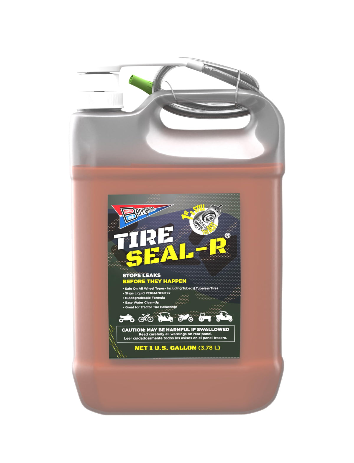 Berryman Tire Seal-R bottle front view for quick puncture sealing.