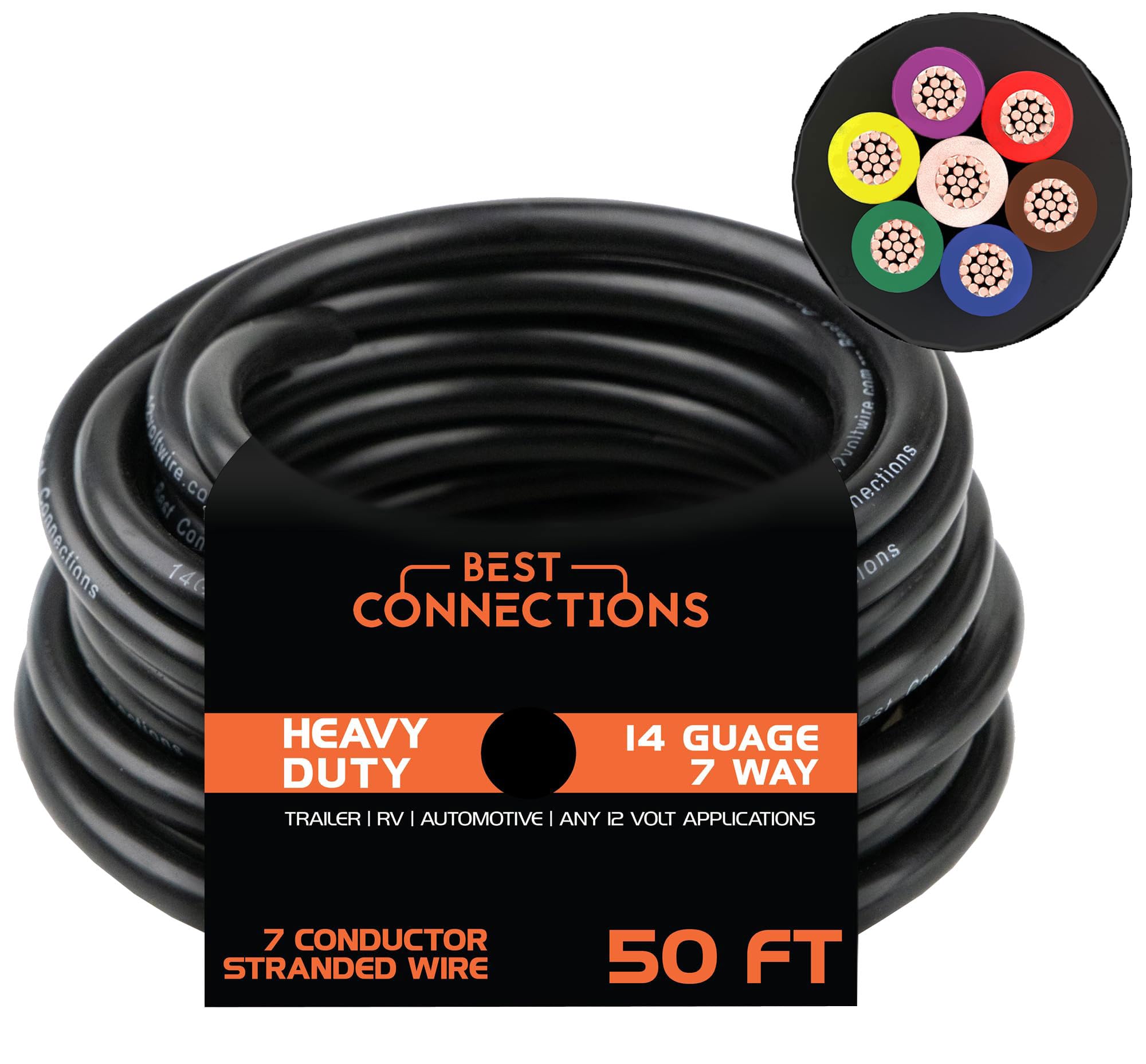 Best Connections 7Way trailer wire 50ft spool highlighting durable weatherproof towing cable