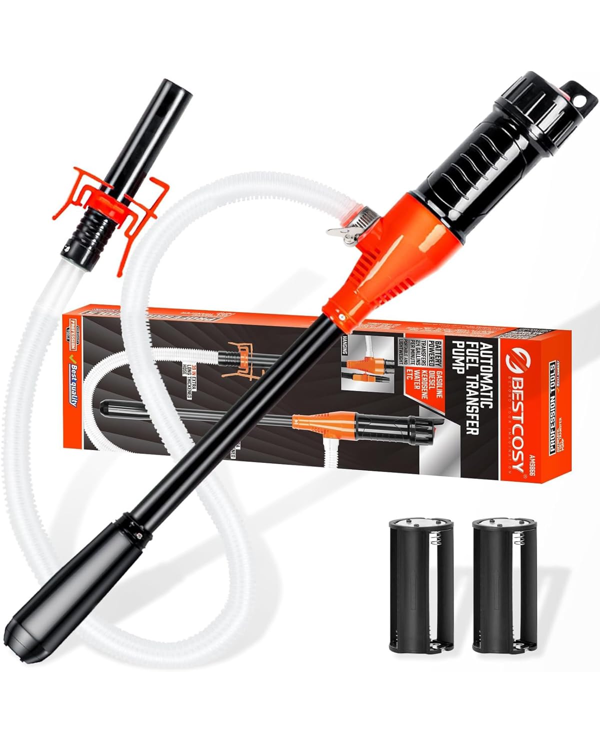 BestCosy electric fuel transfer pump with 47-inch hose enables portable, versatile fueling.
