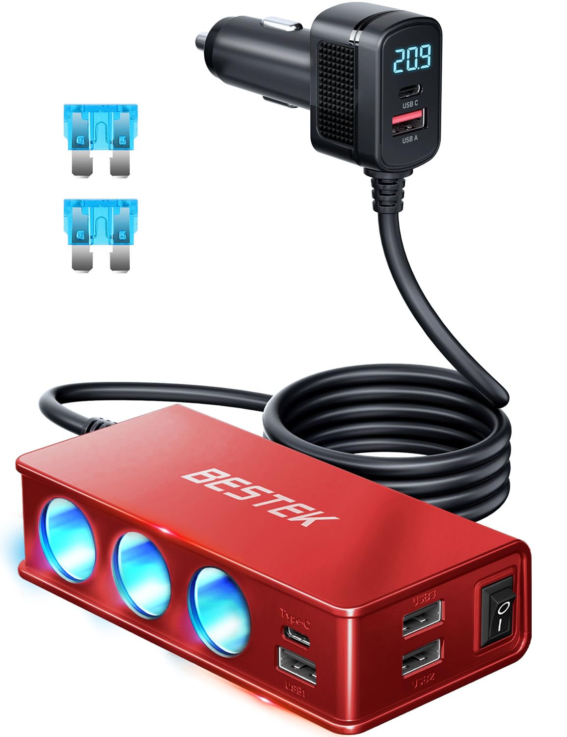 BESTEK 148W 9-in-1 splitter powers nine devices on the road.
