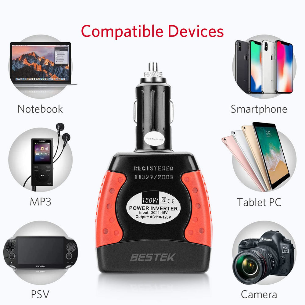 BESTEK 150W inverter compact in-car design fits crowded dash spaces.