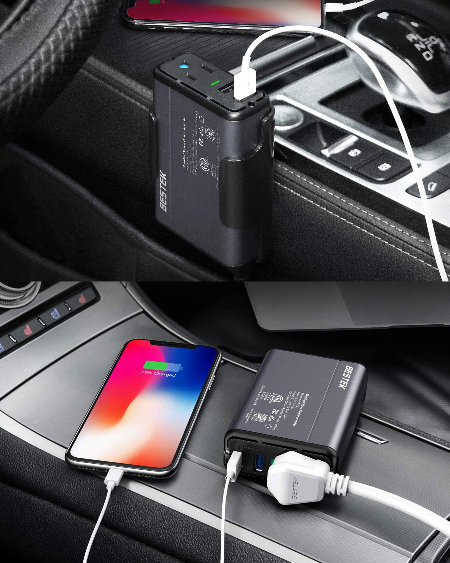 BESTEK 150W inverter dual USB ports for quick device charging in the car.