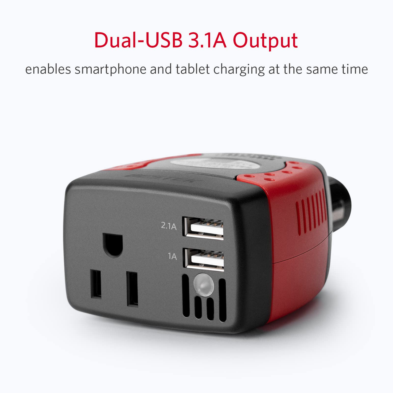 BESTEK 150W inverter with dual USB ports for charging multiple devices on the go.