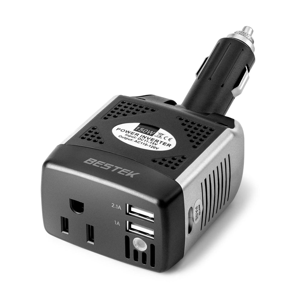 Bestek 150W inverter front view powering laptops on the road