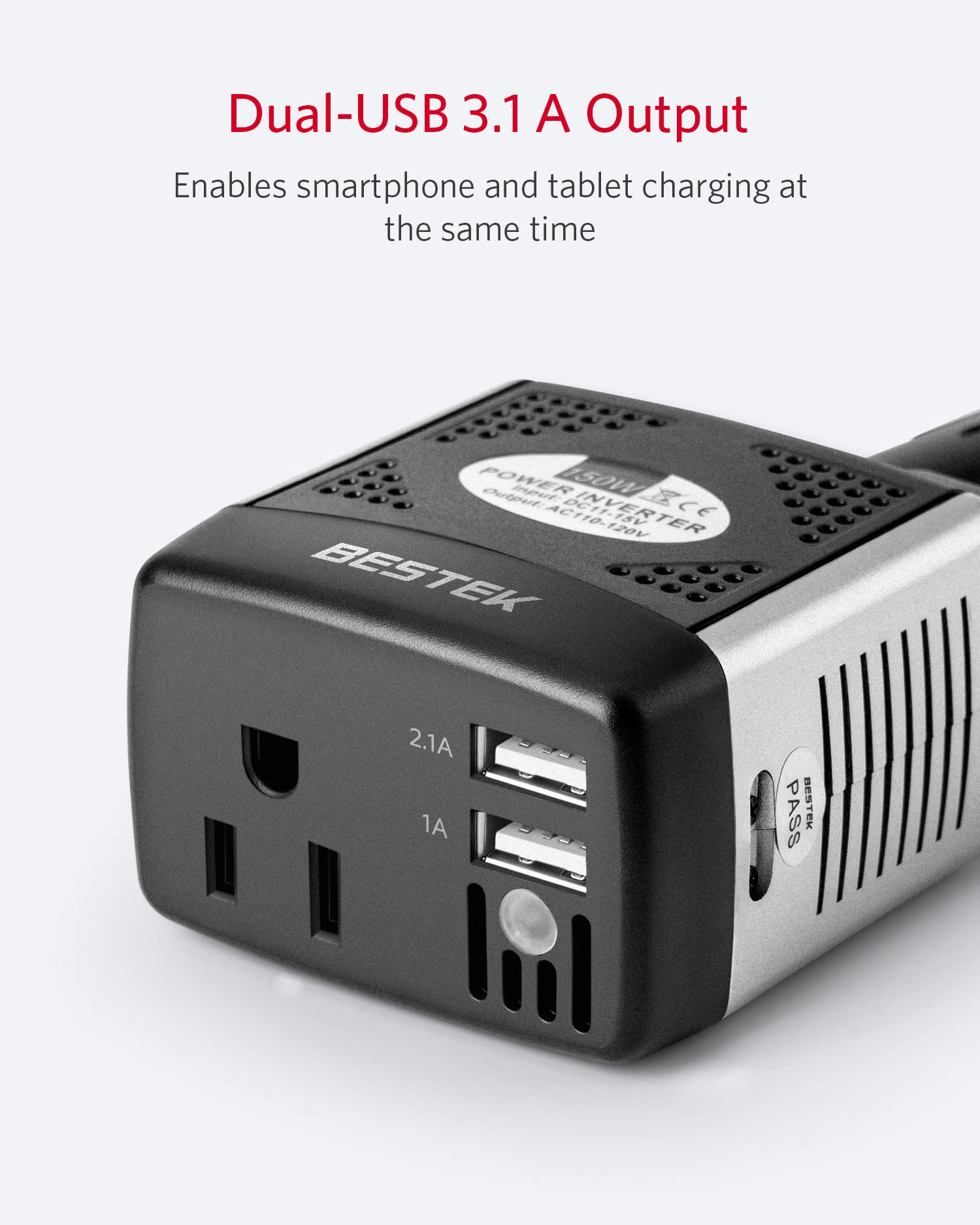 Bestek 150W inverter with dual USB ports charging devices simultaneously