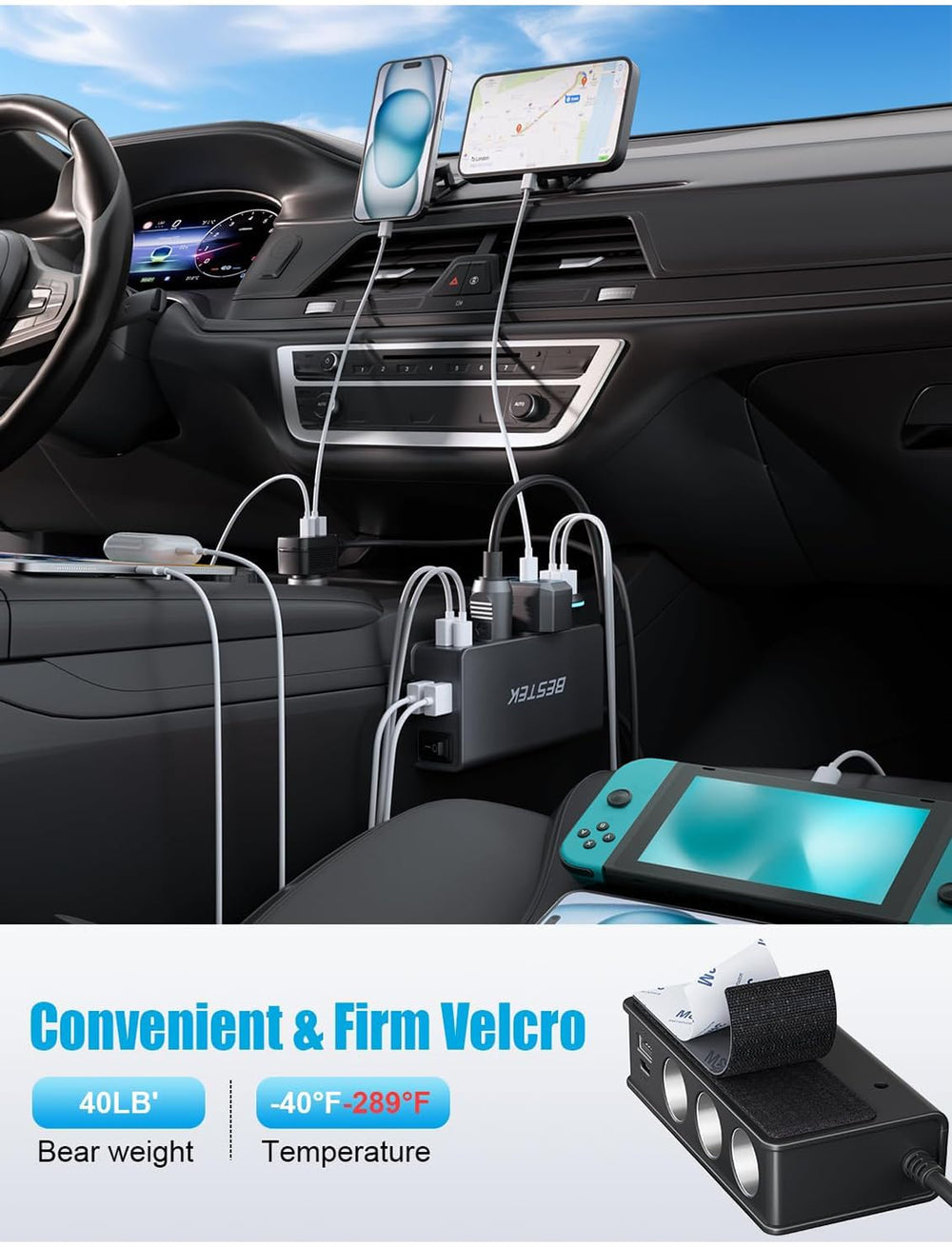 Bestek 2.3 ft extension cable enables rear-seat use.