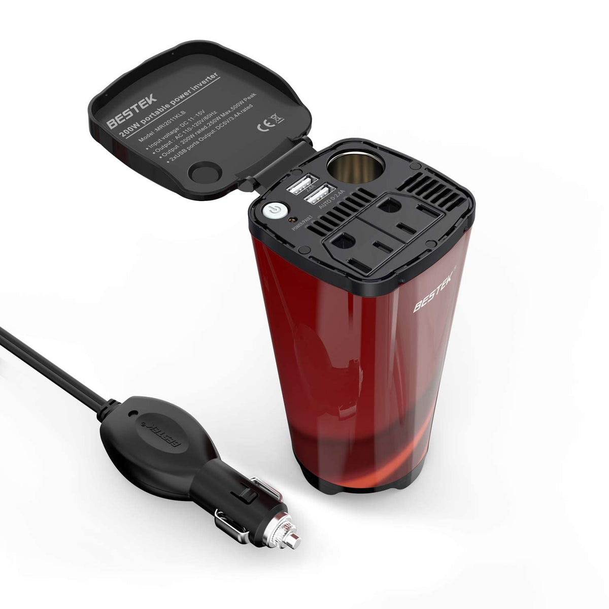 BESTEK 200W power inverter front view showing dual outlets for on-the-go charging