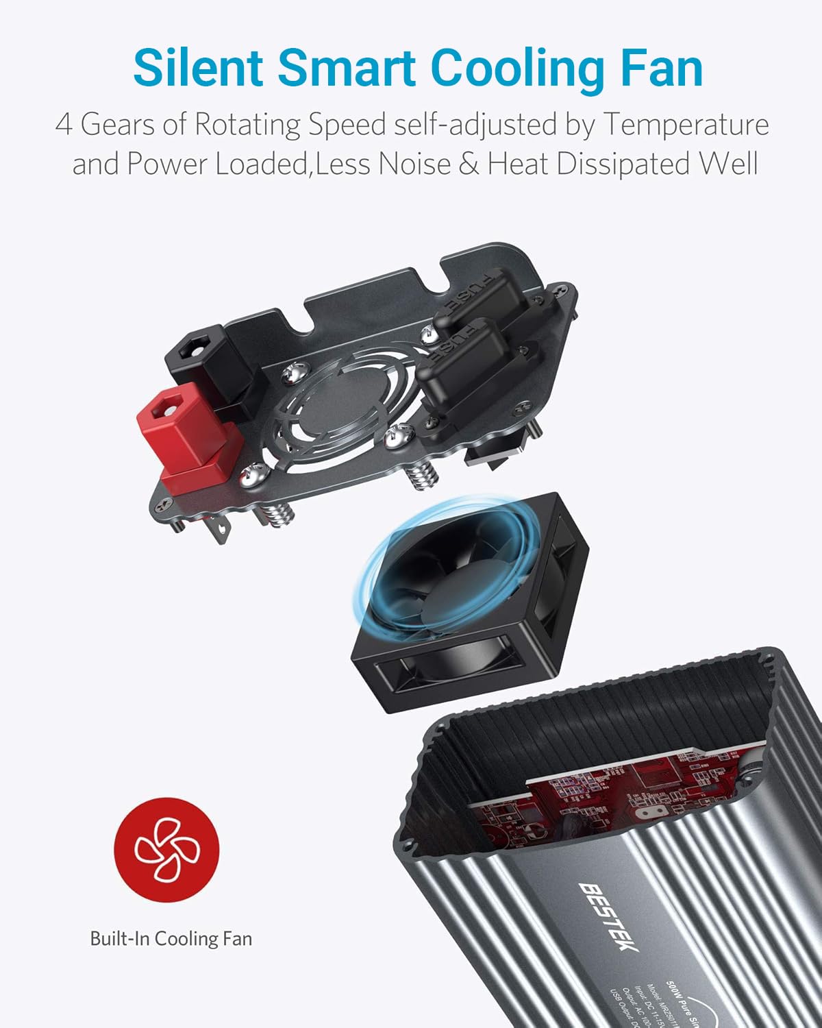 Bestek 500W inverter with battery clamps for direct car battery connection.