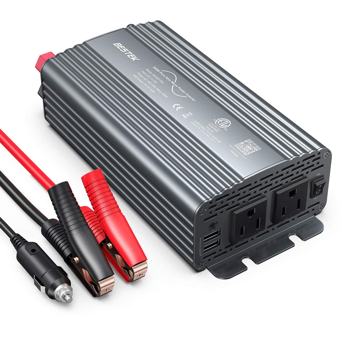 Bestek 500W Pure Sine Wave inverter front view powering devices on the go.