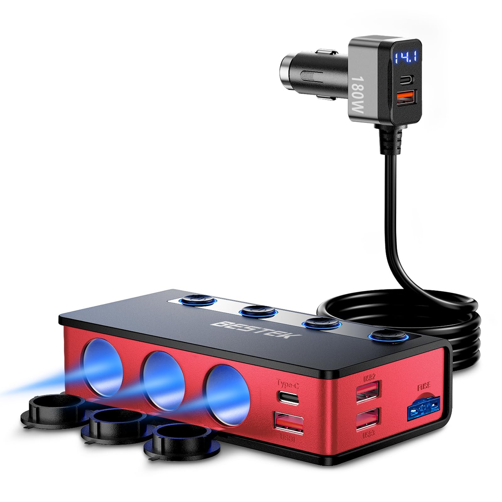 Bestek 9-in-1 splitter front view showing three sockets for car charging
