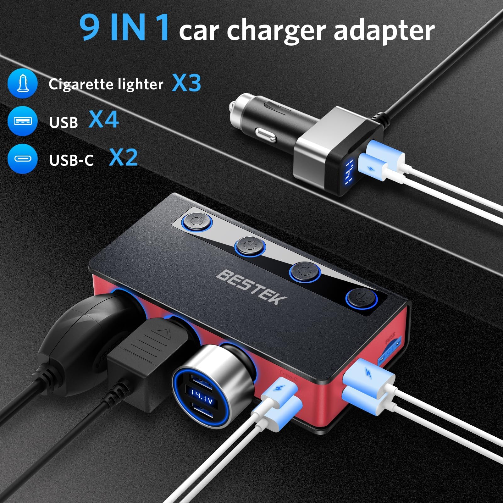 Bestek 9-in-1 splitter side view with multiple ports for devices