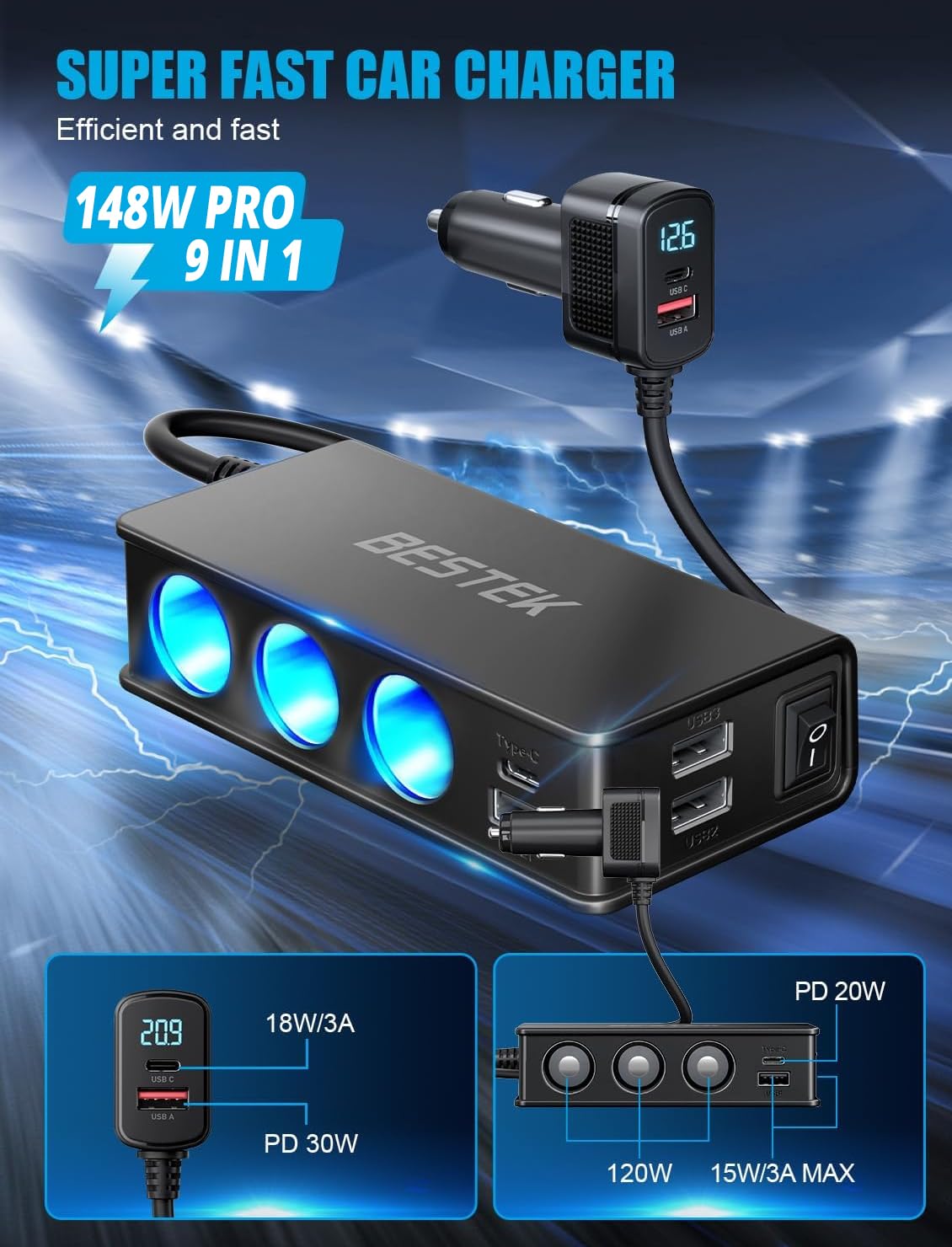 Bestek PD30W port delivers fast charging performance.