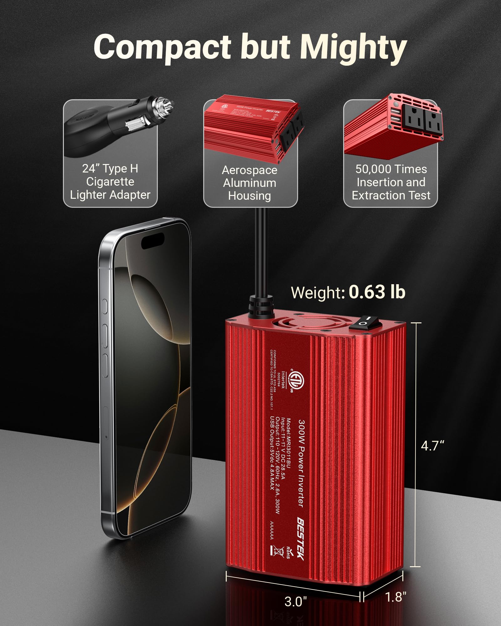 Bestek car inverter with cigarette lighter plug for easy access.
