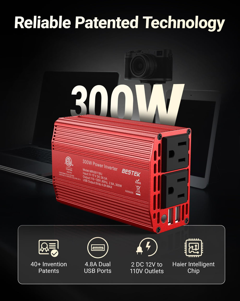 Bestek inverter with dual USB ports for fast charging on the move.