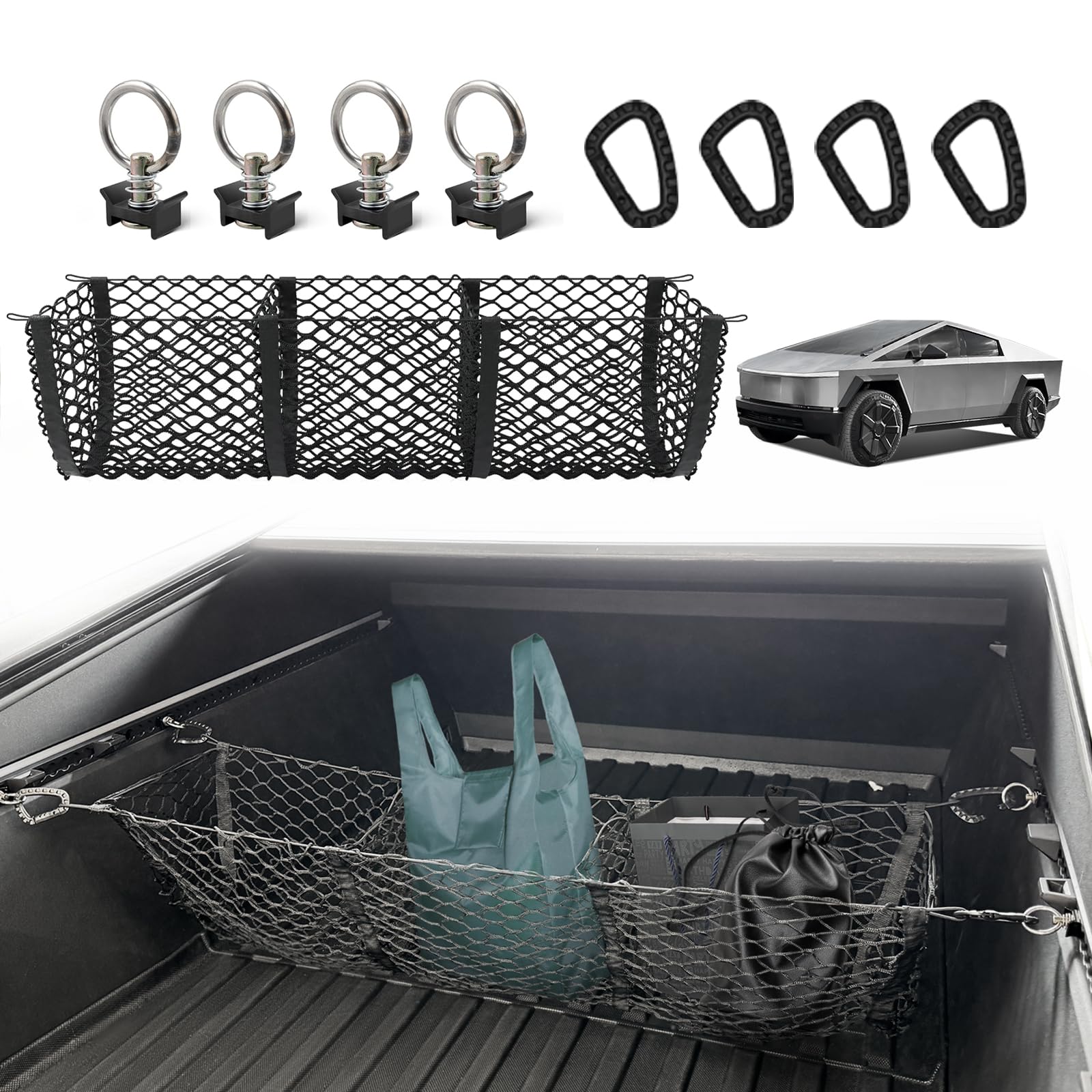 BestEvMod three-pocket cargo net on Cybertruck bed for organized storage
