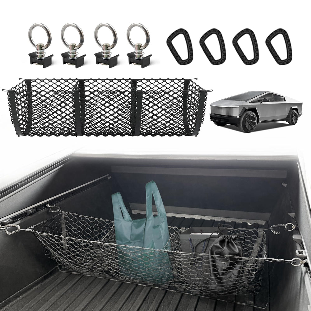 BestEvMod three-pocket cargo net on Cybertruck bed for organized storage