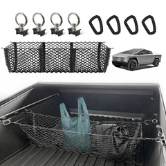 BestEvMod three-pocket cargo net on Cybertruck bed for organized storage