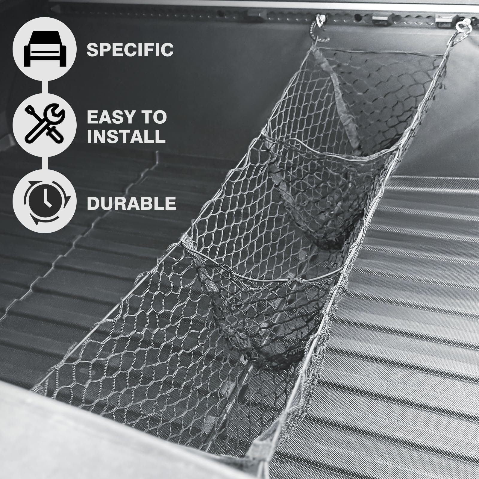 BestEvMod three-pocket net organizing groceries in Cybertruck bed